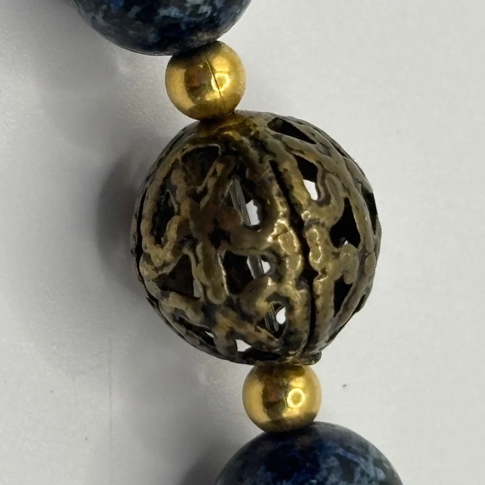 Vintage Lapis Lazuli Chips Filagree Beaded Necklace 31